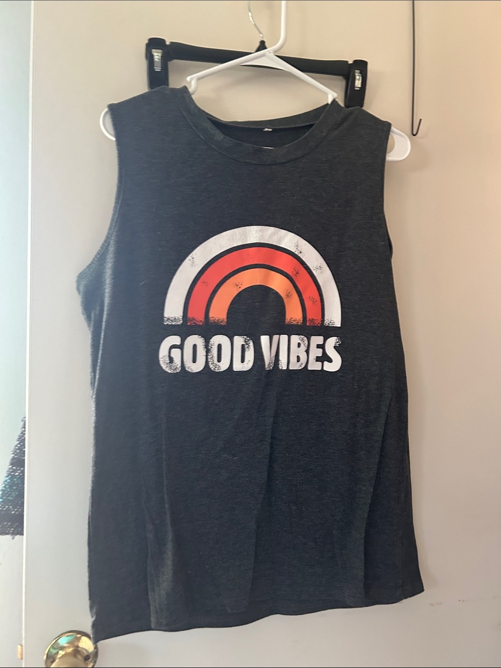 Good Vibes Black Graphic Muscle Tank - Retro Rainbow